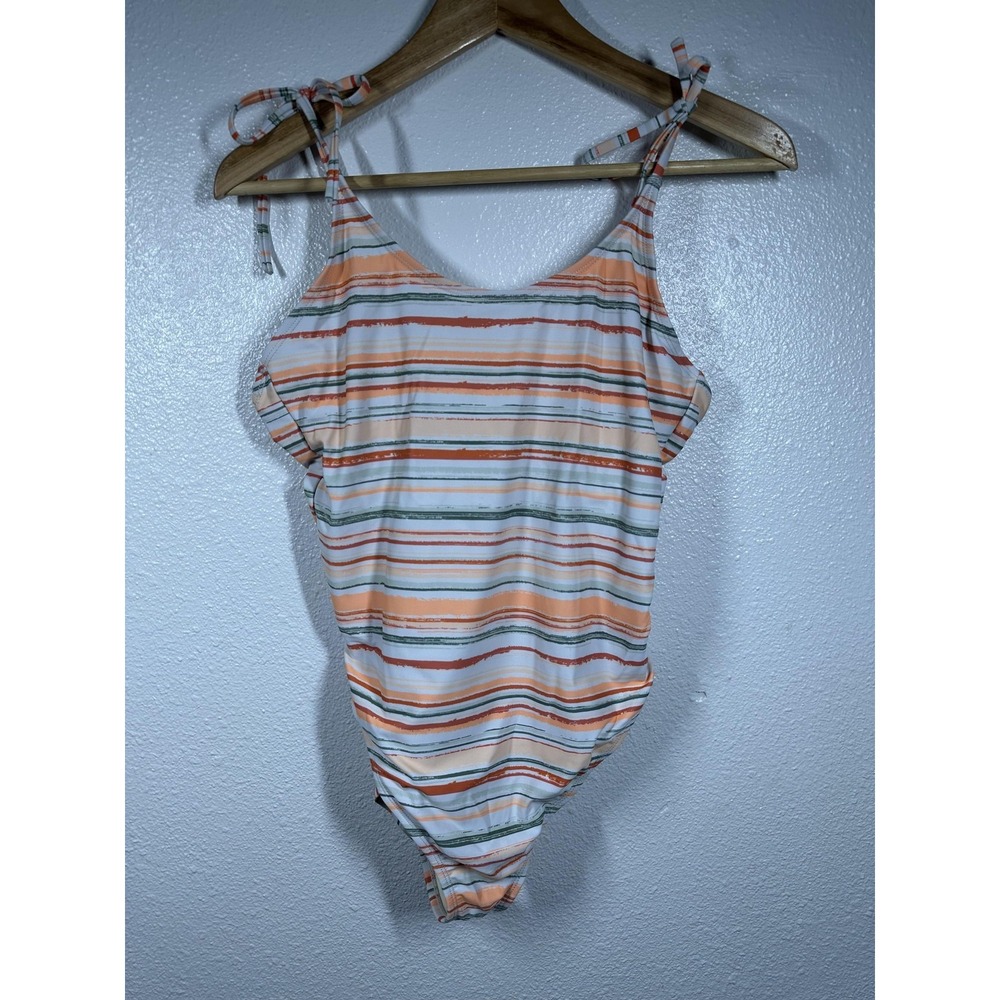 Tahiti Swimsuit Womens Medium One Piece Orange Green‎ Striped Tie Shoulder Lined